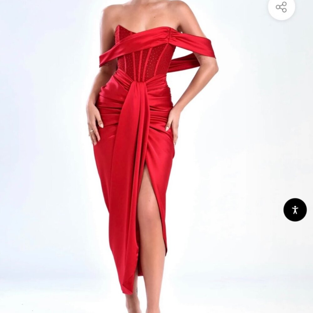 Stella Burgundy Off Shoulders Crystal Corset Stain Gown